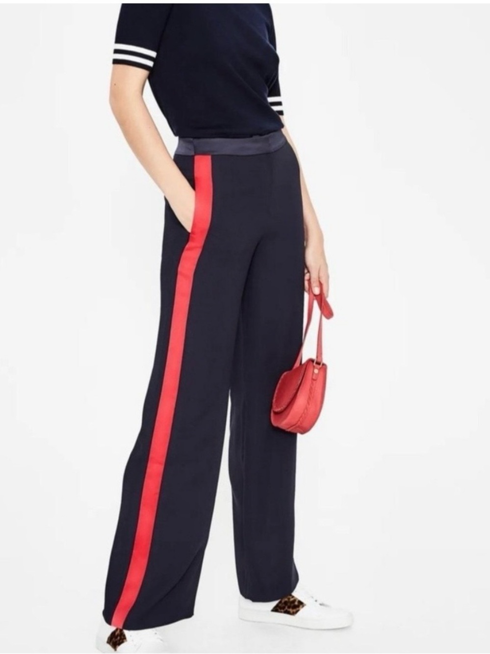 Boden Women’s Navy Wide-Leg Track Pants with Red Side Stripe Size 2